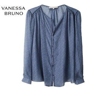 Vanessa Bruno loose, flowy silk blouse in navy print, black trim, 38EU